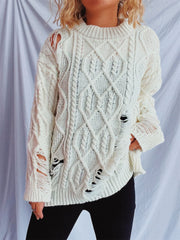 Distressed Cable-Knit Round Neck Long Sleeve Sweater - Trendsi
