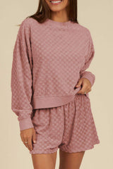 Round Neck Long Sleeve Checkered Top and Shorts Set - Trendsi - Flyclothing LLC