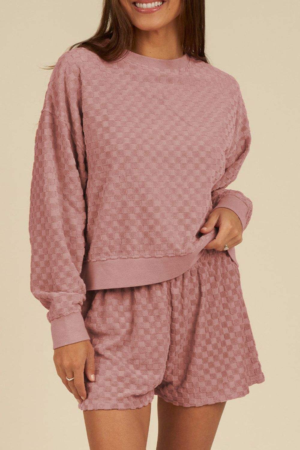 Round Neck Long Sleeve Checkered Top and Shorts Set - Trendsi - Flyclothing LLC