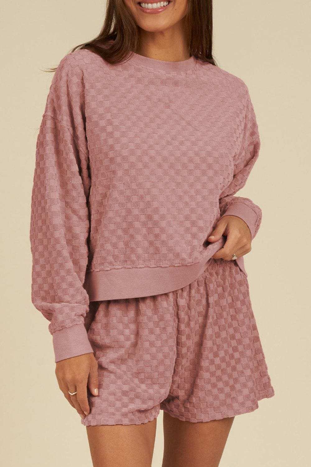 Round Neck Long Sleeve Checkered Top and Shorts Set - Trendsi - Flyclothing LLC