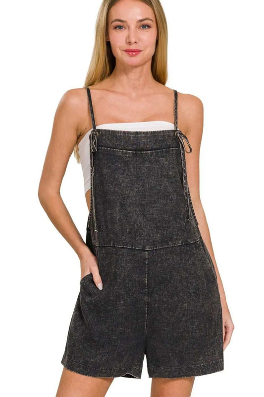 Zenana Washed Linen Knot Strap Rompers - Trendsi - Flyclothing LLC
