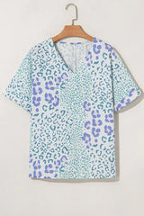 Leopard Print V Neck Short Sleeve Blouse - Trendsi - Flyclothing LLC