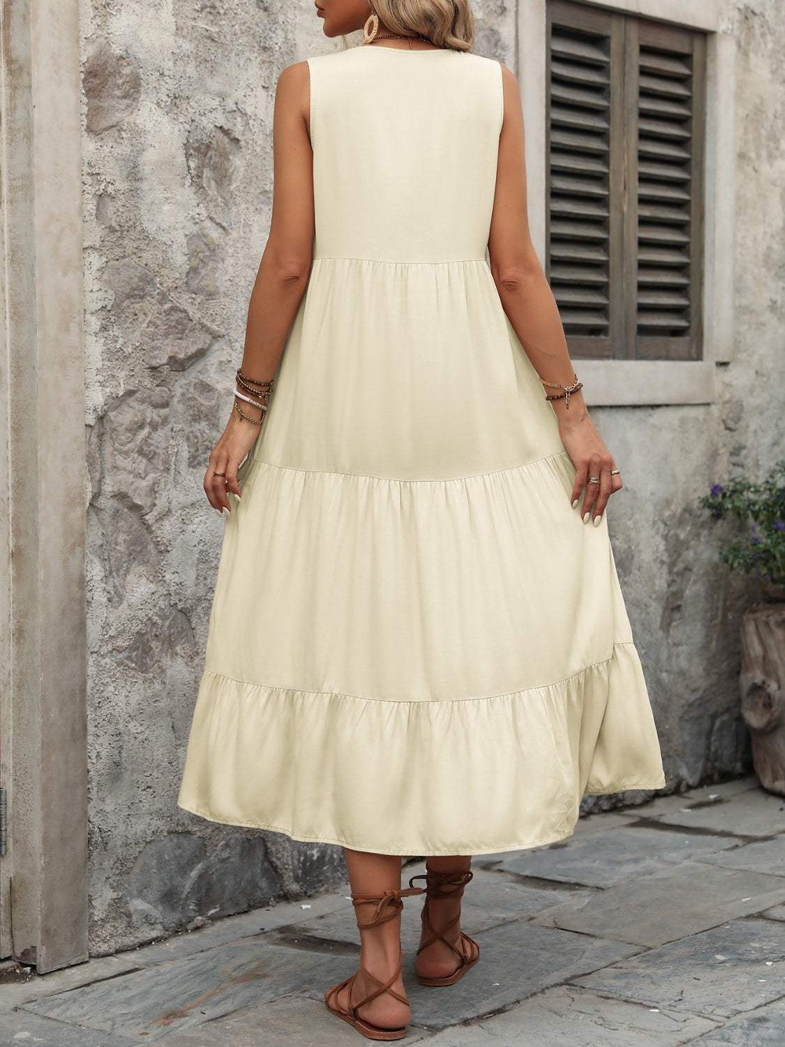Decorative Button Notched Sleeveless Dress - Trendsi - Flyclothing LLC