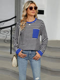 Pocketed Striped Round Neck Long Sleeve T-Shirt - Trendsi