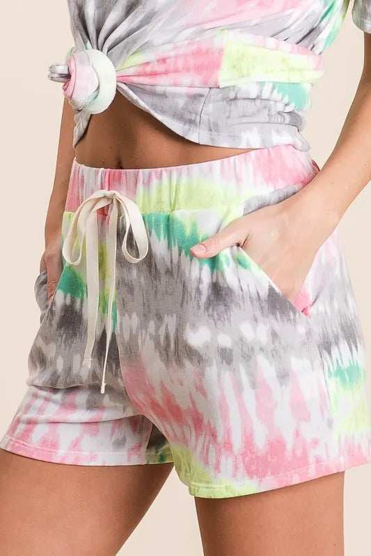BiBi Tie Dye Print Shorts With Twill Tape Drawstring - Trendsi - Flyclothing LLC