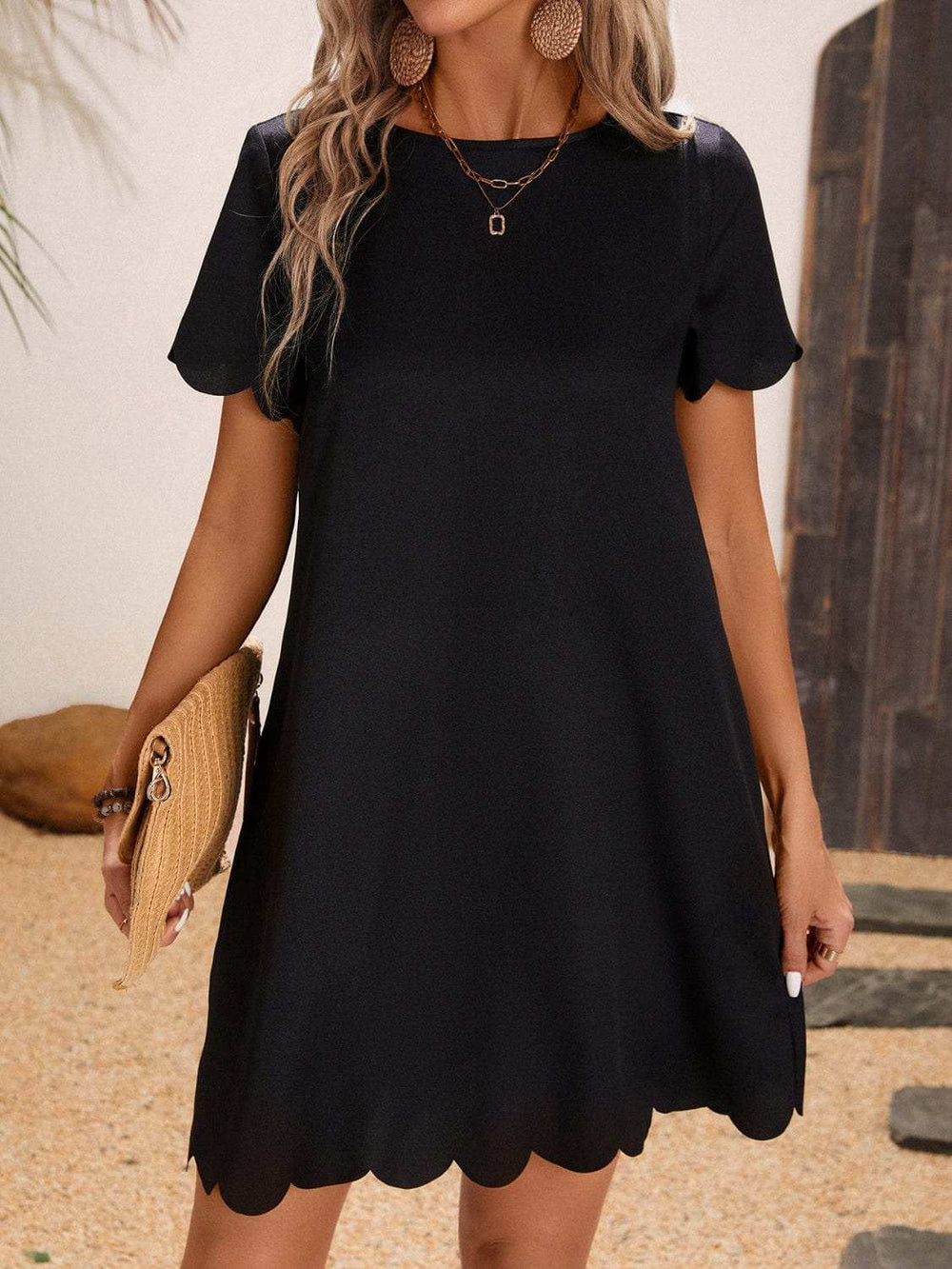 Scalloped Hem Round Neck Short Sleeve Dress - Trendsi - Flyclothing LLC