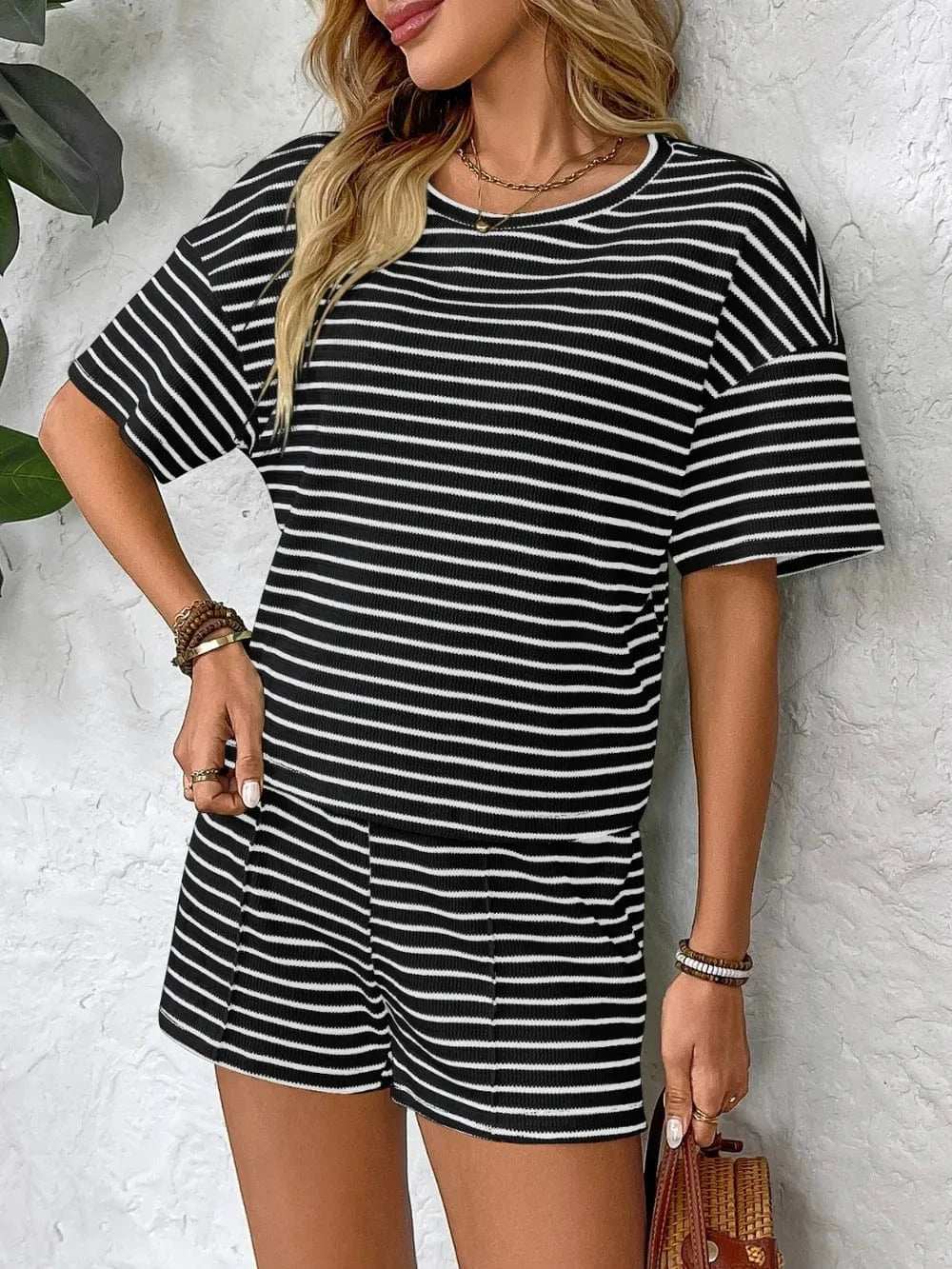 Striped Round Neck Short Sleeve Top and Shorts Set - Trendsi - Flyclothing LLC