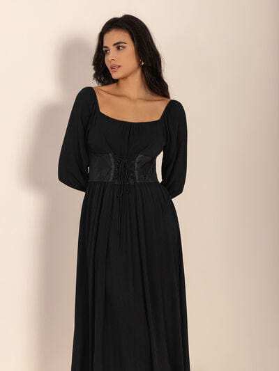 Lace-Up Square Neck Long Sleeve Midi Dress - Trendsi - Flyclothing LLC