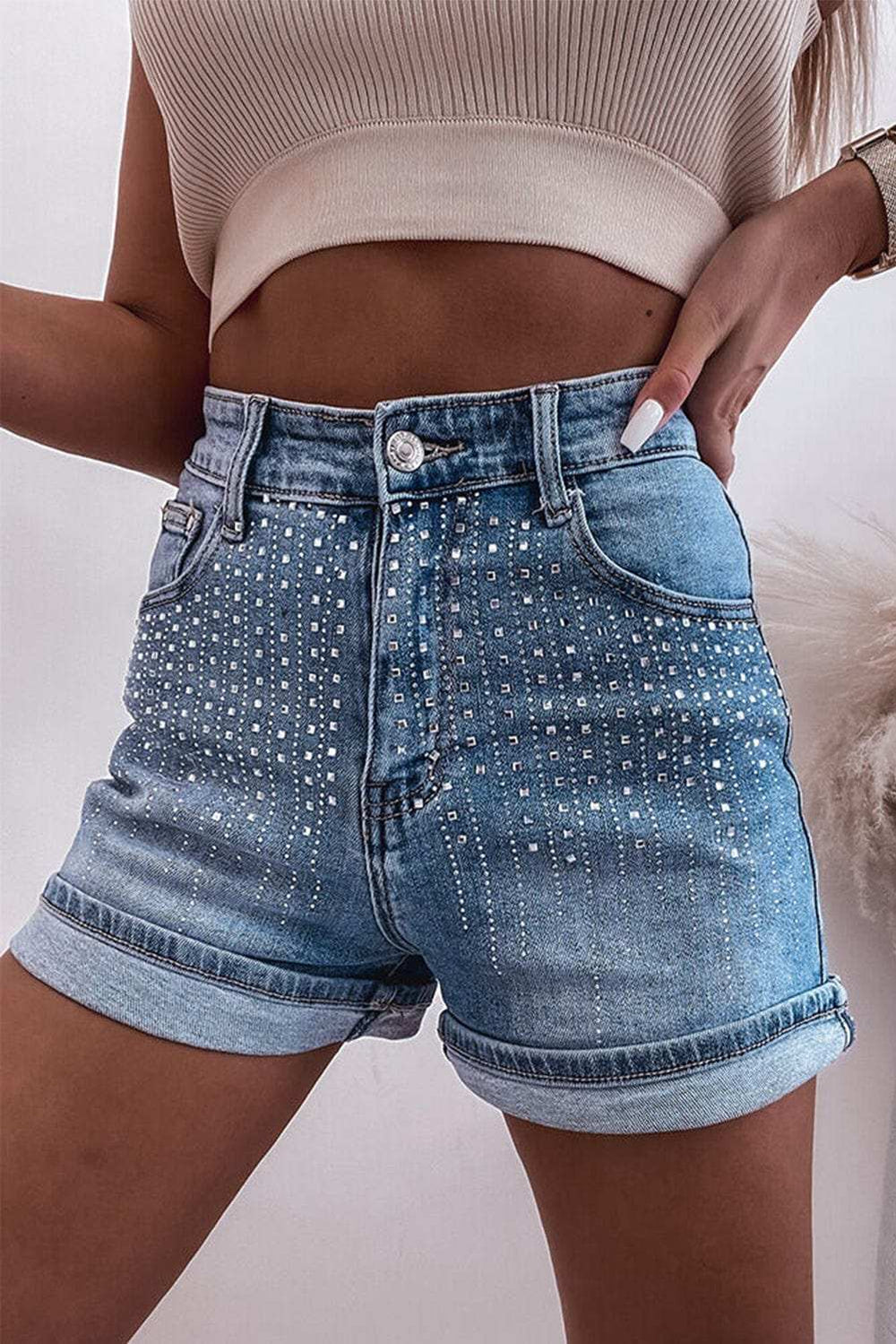 Rhinestone High Waist Denim Shorts - Trendsi - Flyclothing LLC