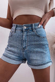 Rhinestone High Waist Denim Shorts - Trendsi - Flyclothing LLC