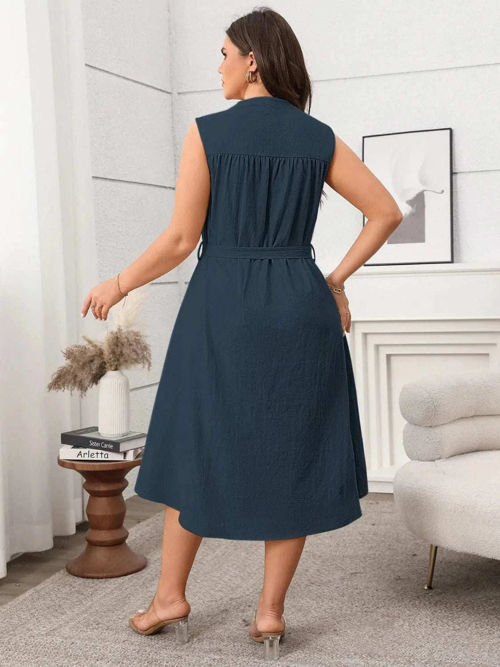 Plus Size Button Front Tie Waist Sleeveless Dress - Trendsi - Flyclothing LLC