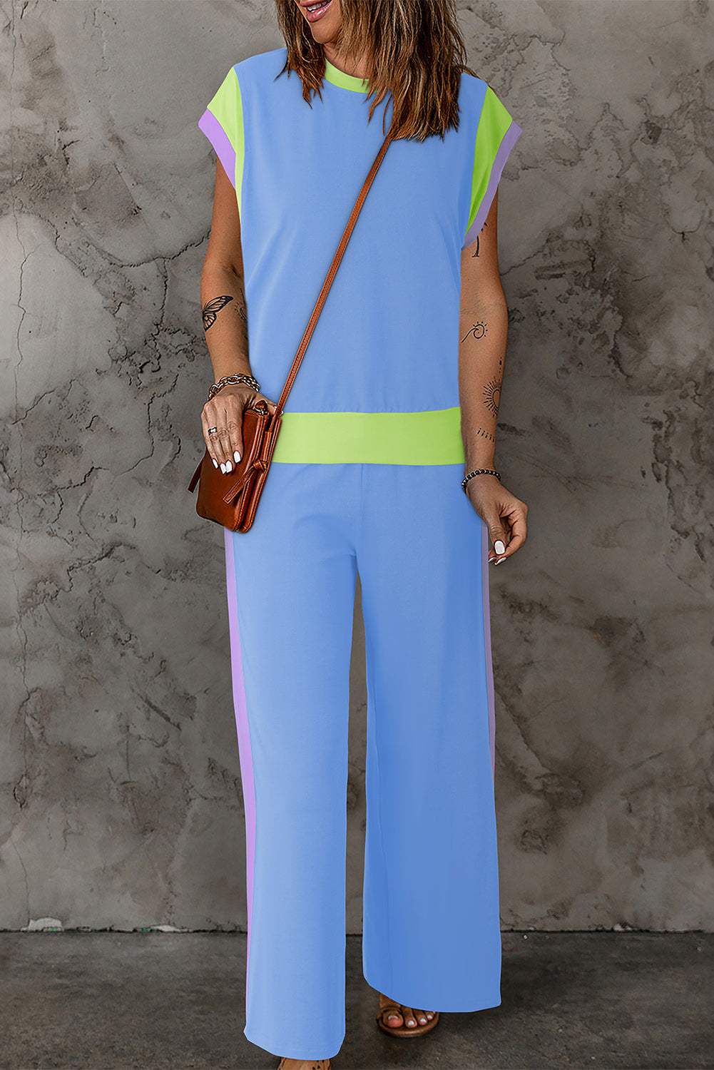 Contrast Round Neck Top and Pants Set - Trendsi - Flyclothing LLC