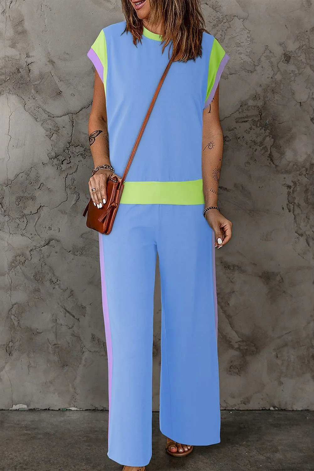 Contrast Round Neck Top and Pants Set - Trendsi - Flyclothing LLC