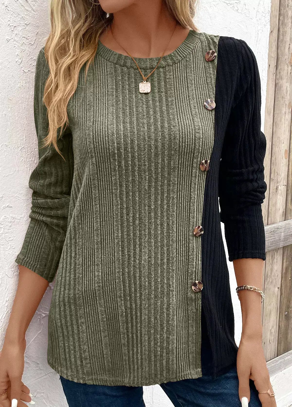 Color Block Ribbed Knit Decor Button T-Shirt - Trendsi - Flyclothing LLC