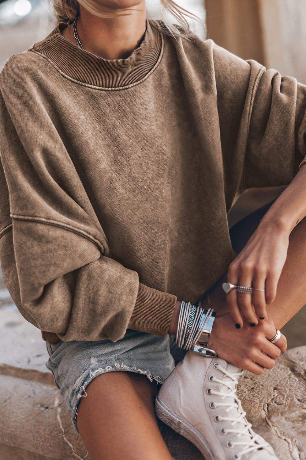 Mock Neck Dropped Shoulder Sweatshirt - Trendsi - Flyclothing LLC