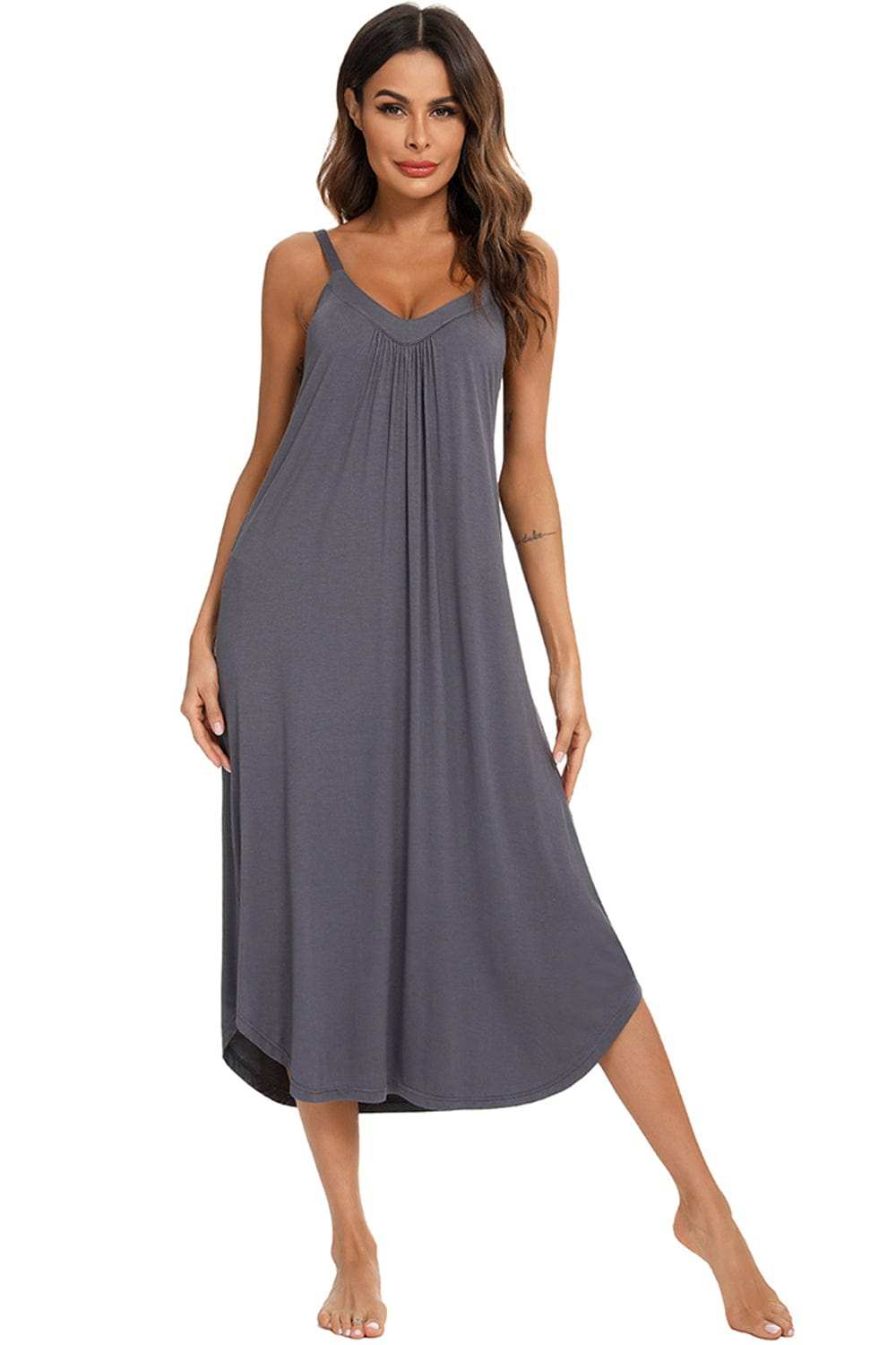 V-Neck Midi Lounge Dress - Trendsi - Flyclothing LLC