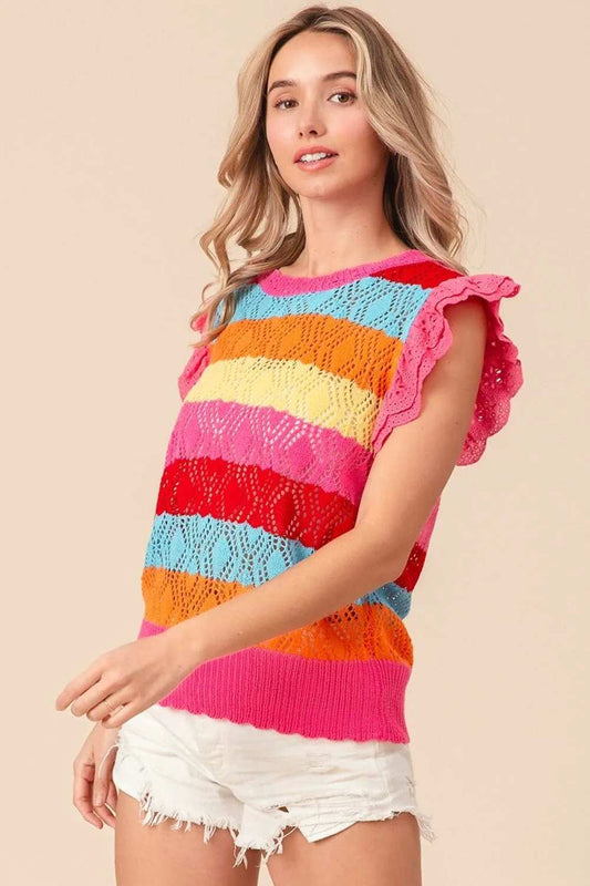 BiBi Pointelle Striped Ruffled Knit Top - Trendsi - Flyclothing LLC