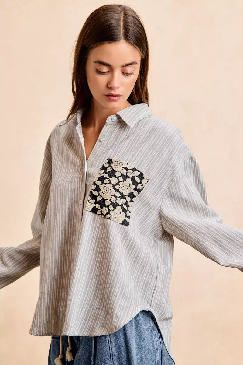 BiBi Flower Jacquard Knit Patch Pocket Stripe Shirt - Trendsi - Flyclothing LLC