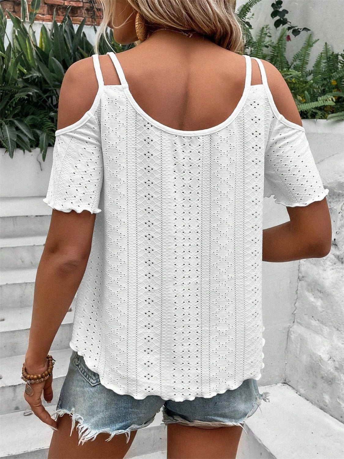 Eyelet Cold Shoulder Short Sleeve Blouse - Trendsi