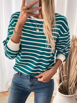 Perfee Striped Contrast Round Neck Long Sleeve Sweatshirt - Trendsi - Flyclothing LLC