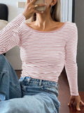 Devine Backless Striped Boat Neck Long Sleeve T-Shirt - Trendsi - Flyclothing LLC