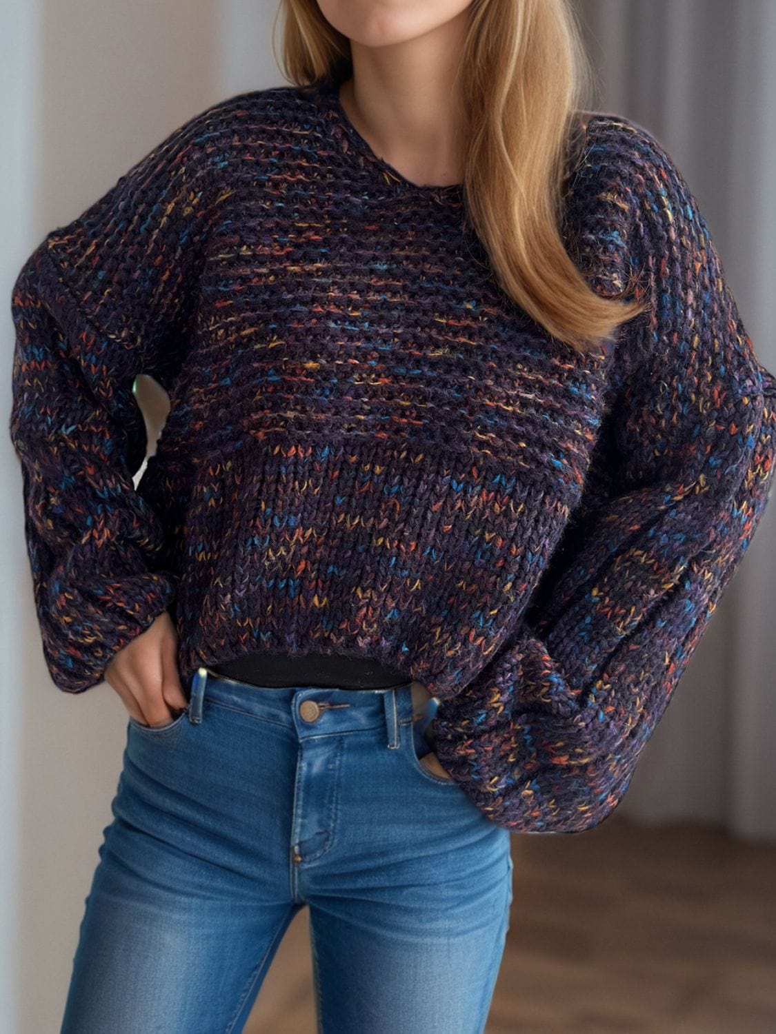 Dropped Shoulder Long Sleeve Sweater - Trendsi
