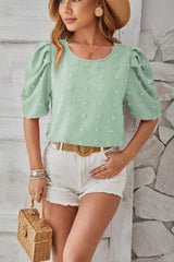 Swiss Dot Round Neck Short Sleeve Blouse - Trendsi - Flyclothing LLC