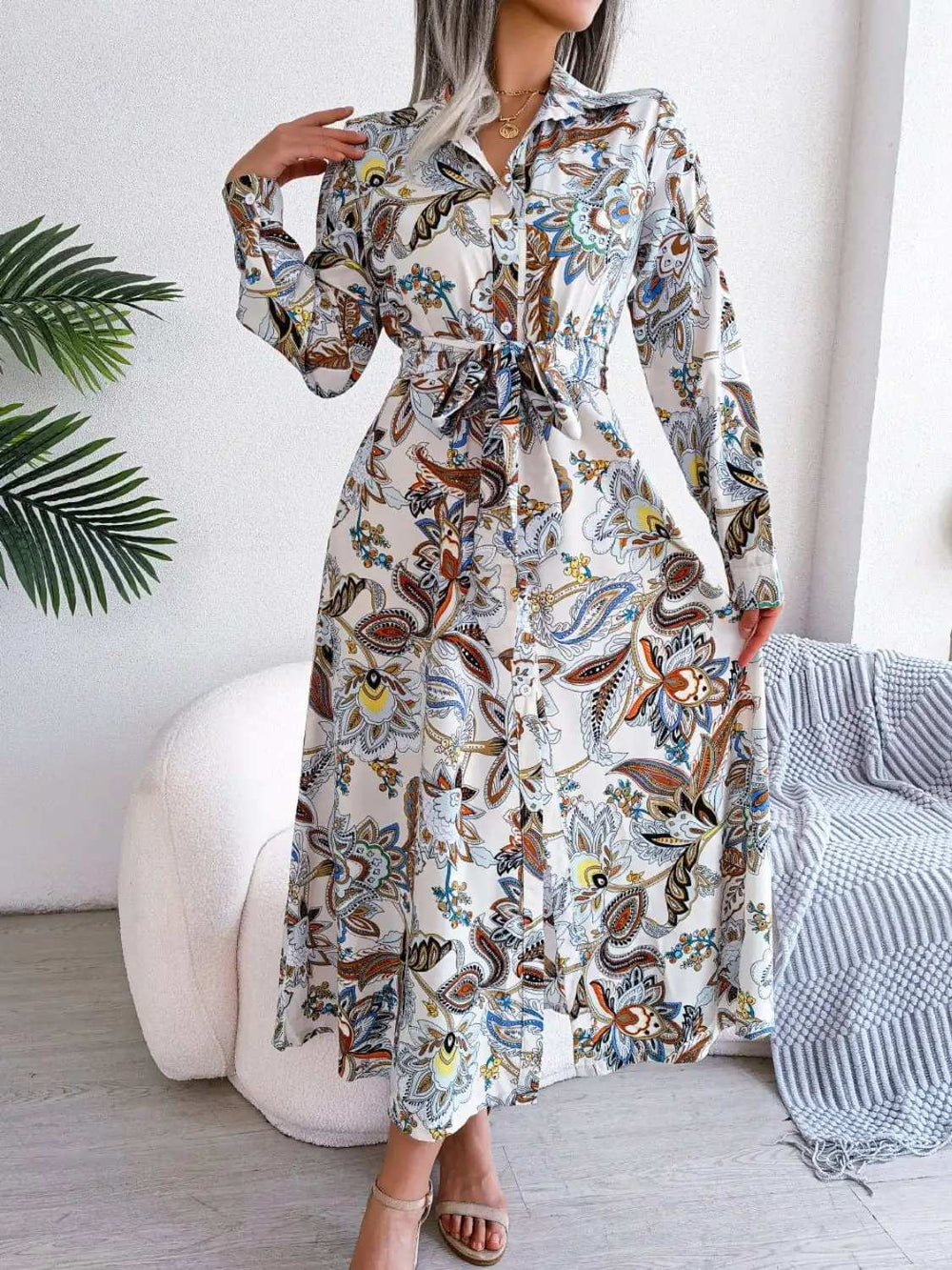 Tied Printed Long Sleeve Midi Dress - Trendsi - Flyclothing LLC