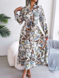 Tied Printed Long Sleeve Midi Dress - Trendsi - Flyclothing LLC