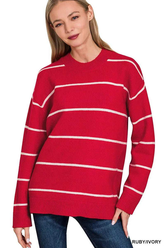 Zenana Round Neck Stripe Sweater - Trendsi - Flyclothing LLC