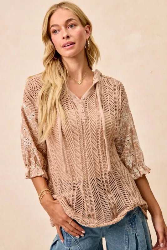 BiBi Jacquard Flower Puff Sleeve Hooded Knit Top - Trendsi - Flyclothing LLC