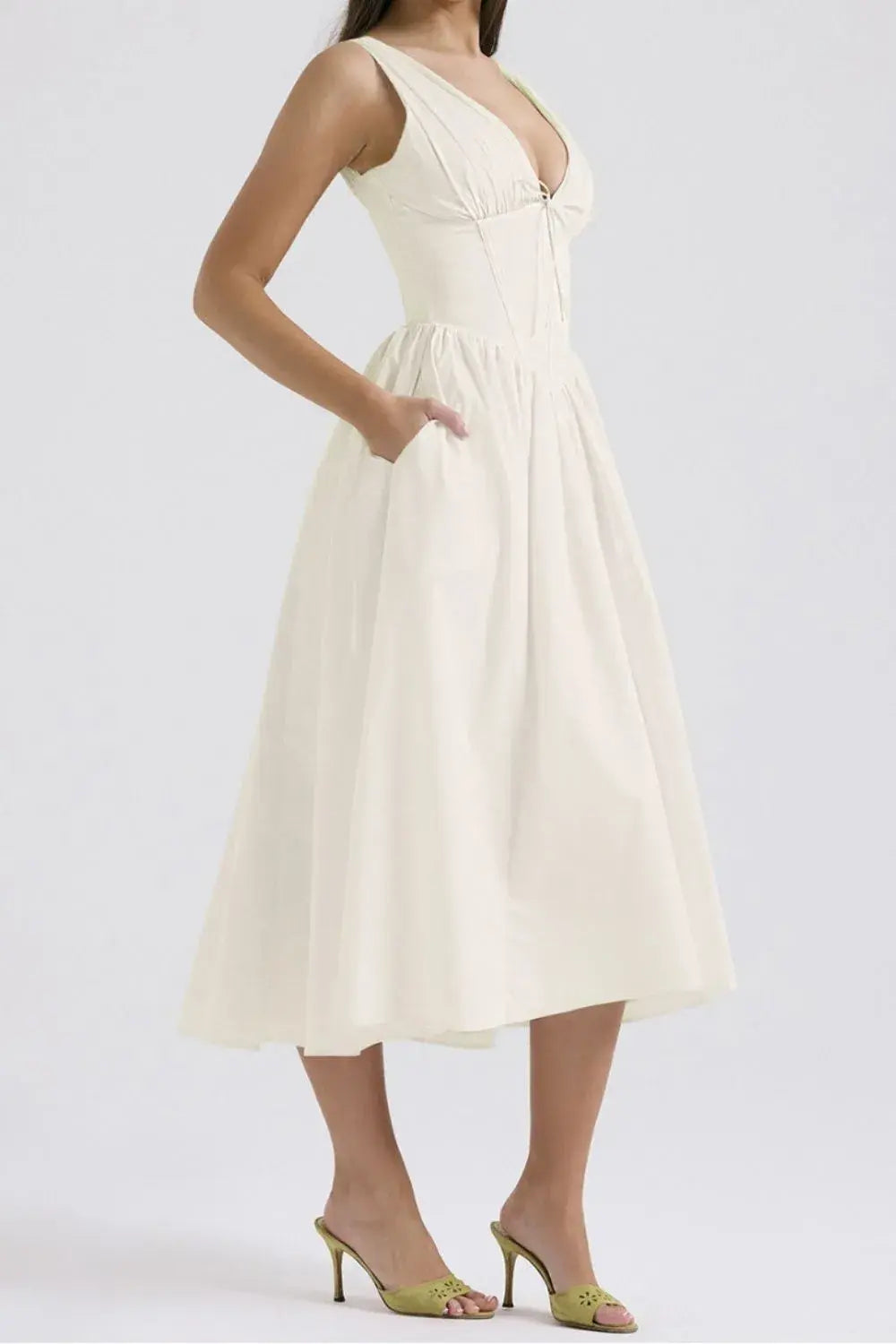Ruched V-Neck Sleeveless Dress with Pockets - Trendsi - Flyclothing LLC