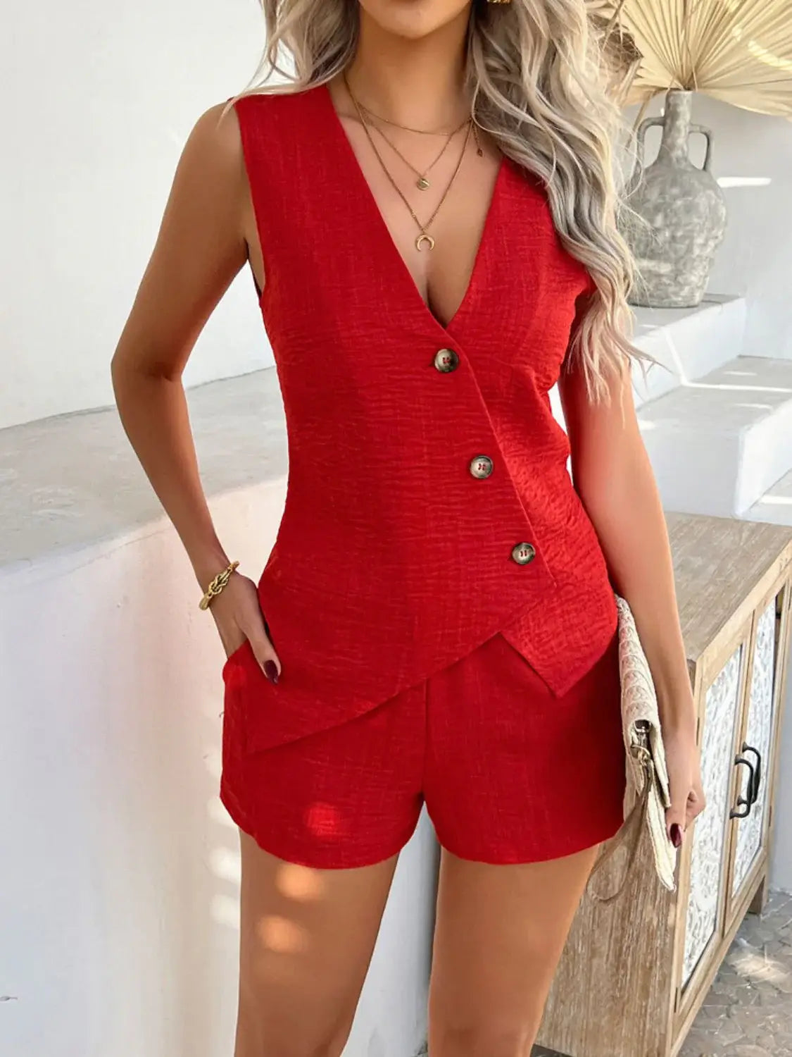 Devine Button Down Sleeveless Top and Shorts Set - Trendsi - Flyclothing LLC