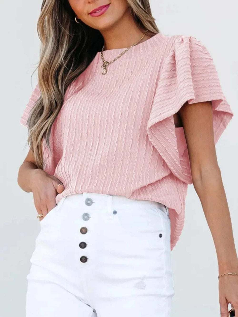 Round Neck Ruffle Sleeve Top - Trendsi - Flyclothing LLC