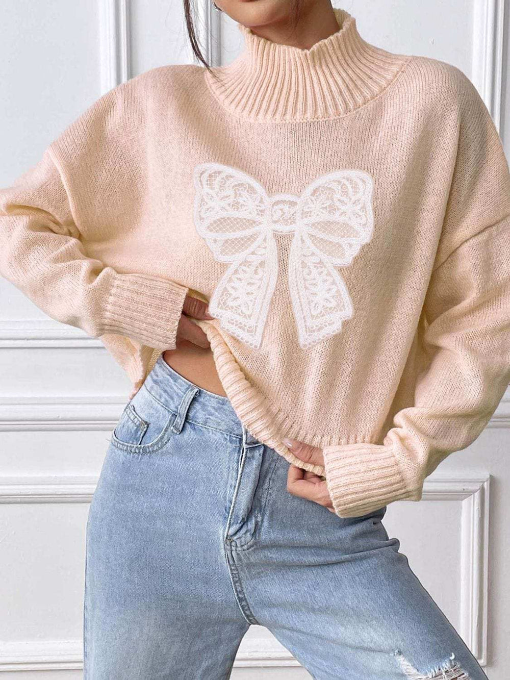 Bow Turtleneck Long Sleeve Sweater - Trendsi - Flyclothing LLC