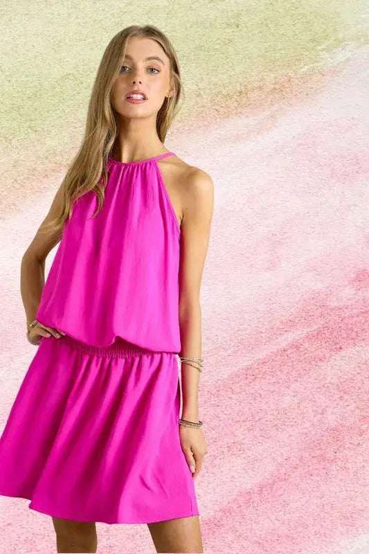 ADORA Halter Neck Smocking Waist Dress - Trendsi - Flyclothing LLC