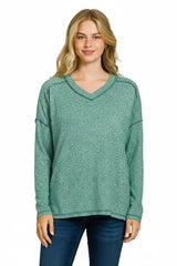 Zenana Soft Melange Hacci Exposed Seam Hi-low Tee - Trendsi - Flyclothing LLC