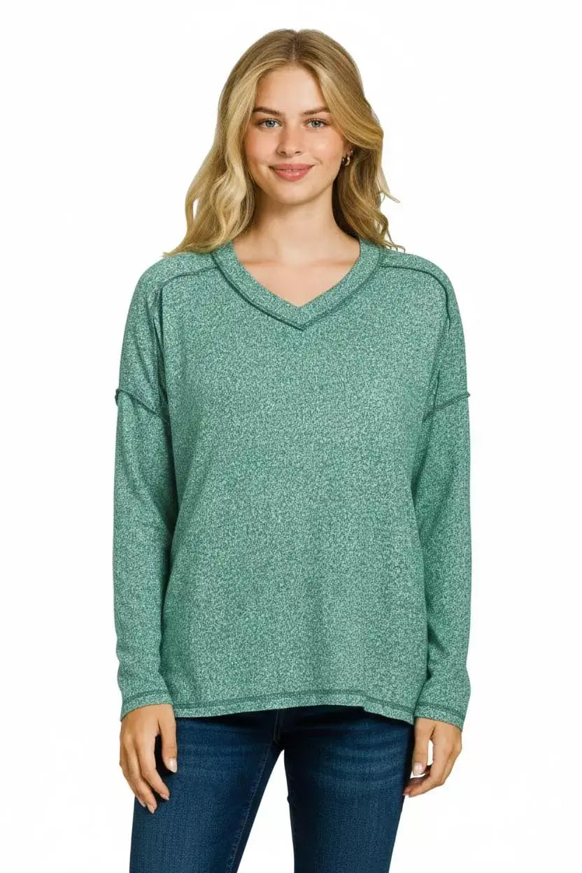 Zenana Soft Melange Hacci Exposed Seam Hi-low Tee - Trendsi - Flyclothing LLC