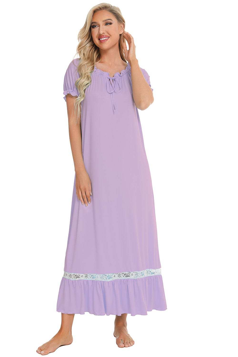 Lace Detail Short Sleeve Lounge Dress - Trendsi - Flyclothing LLC