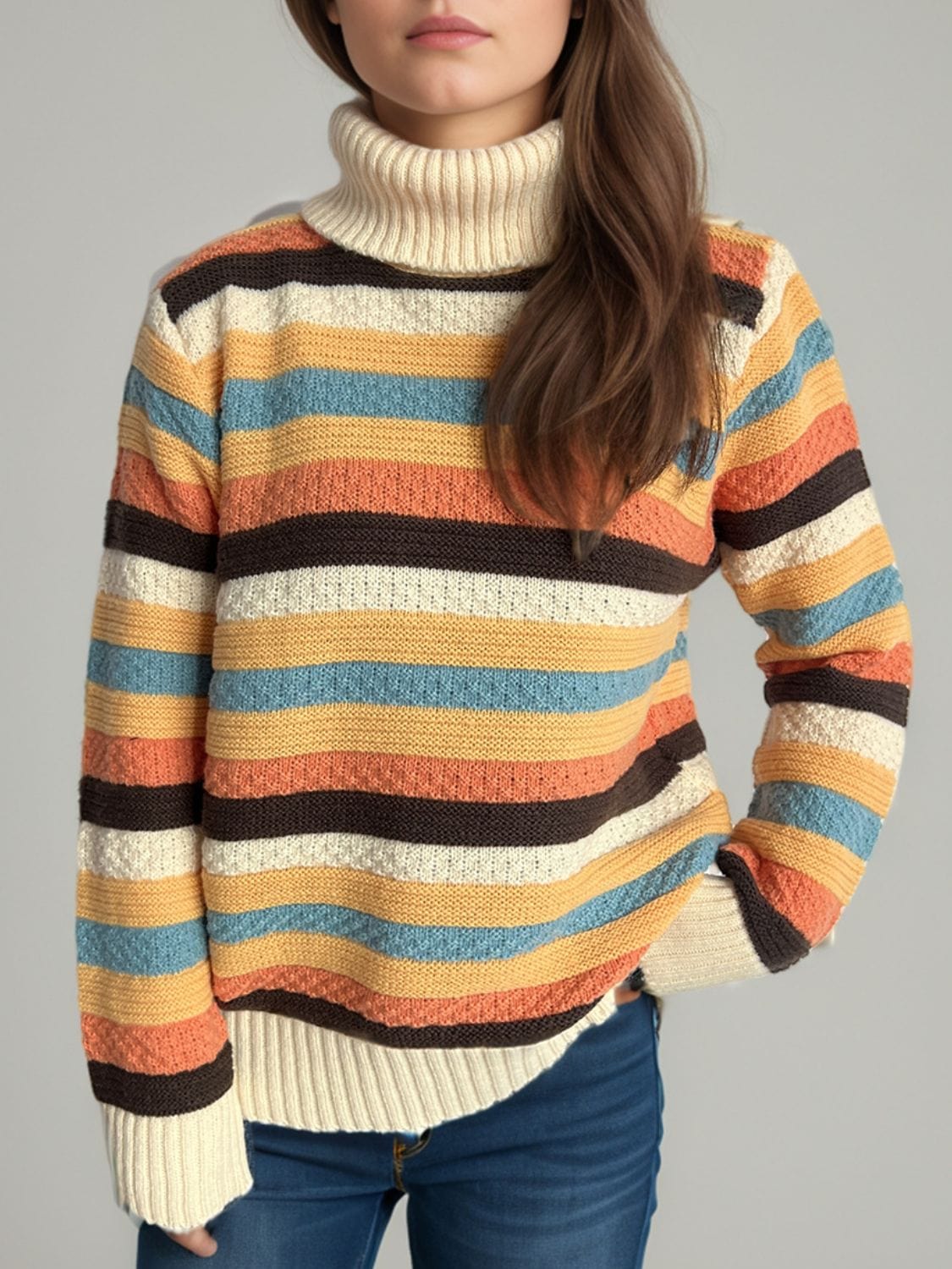 Contrast Stripes Turtleneck Long Sleeve Sweater - Trendsi