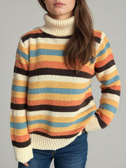 Contrast Stripes Turtleneck Long Sleeve Sweater - Trendsi