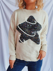 Contrast Star Round Neck Long Sleeve Sweater - Trendsi
