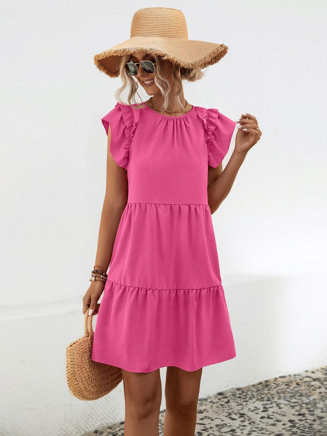 Ruffled Round Neck Cap Sleeve Mini Dress - Trendsi - Flyclothing LLC