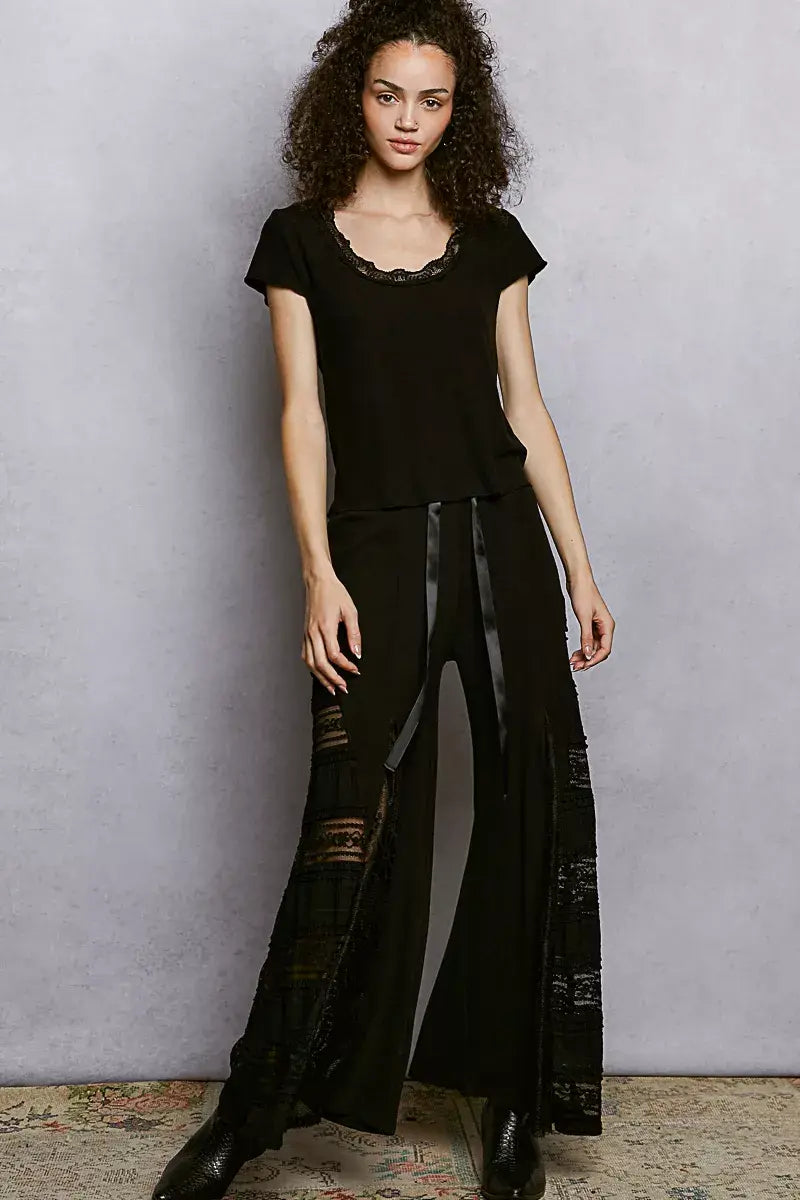 POL Round Neck Short Sleeve Crop T-Shirt with Lace Trim - Trendsi - Flyclothing LLC