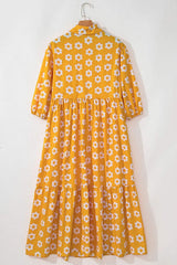 Floral Collared Neck Three-Quarter Sleeve Dress - Trendsi - Flyclothing LLC