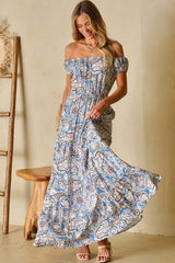 Printed Off-Shouder Short Sleeve Dress - Trendsi - Flyclothing LLC