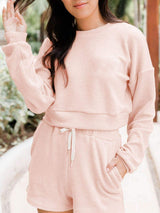 Ribbed Round Neck Long Sleeve Top and Shorts Set - Trendsi - Flyclothing LLC
