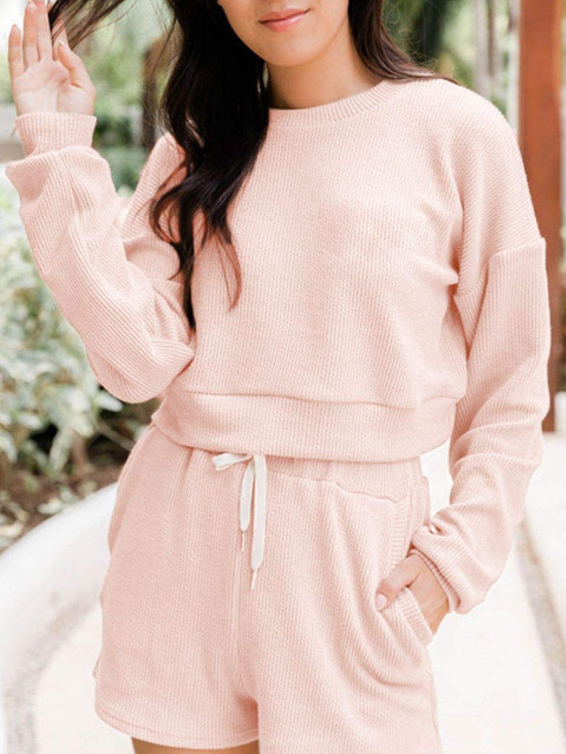 Ribbed Round Neck Long Sleeve Top and Shorts Set - Trendsi - Flyclothing LLC