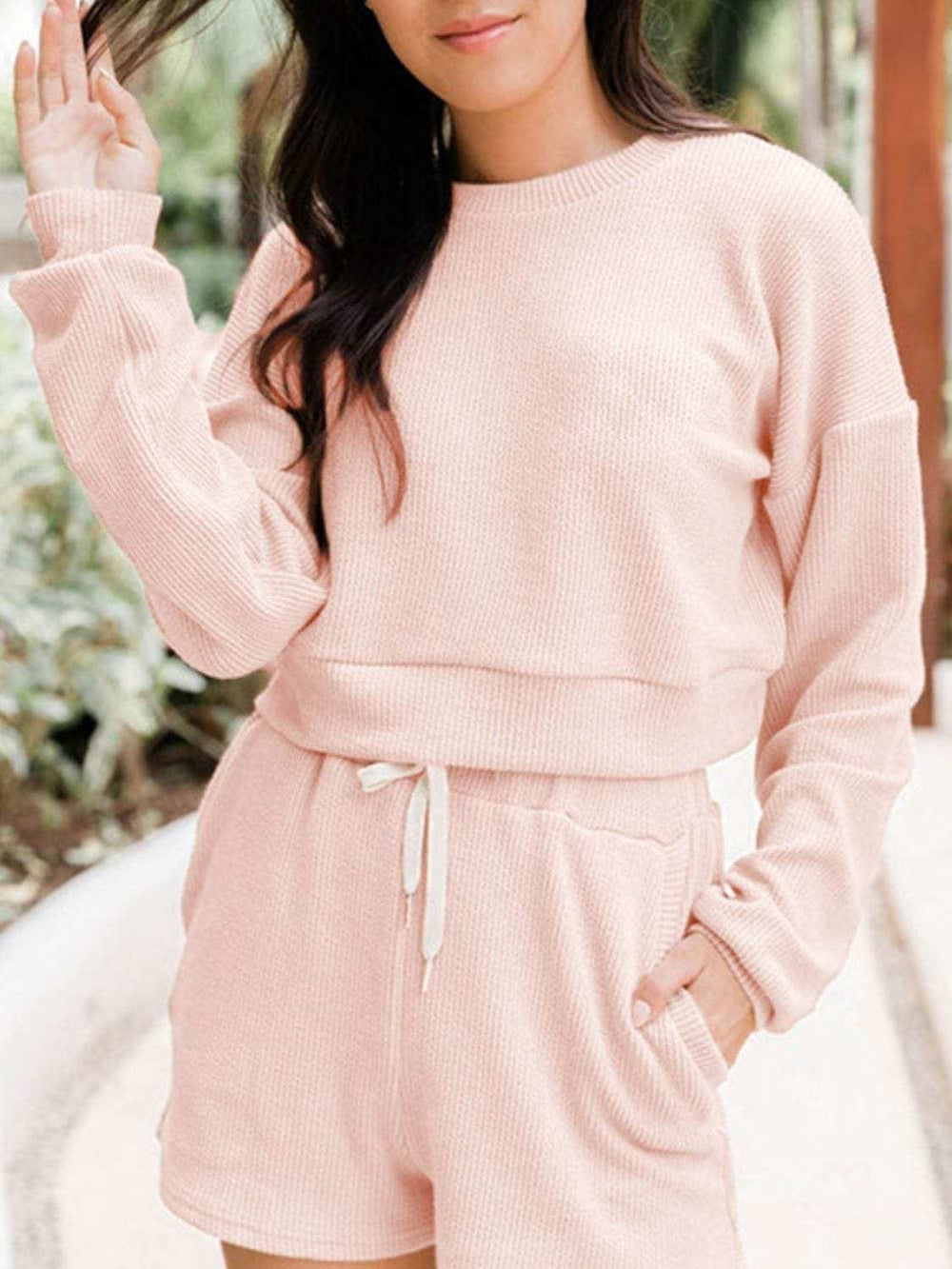 Ribbed Round Neck Long Sleeve Top and Shorts Set - Trendsi - Flyclothing LLC