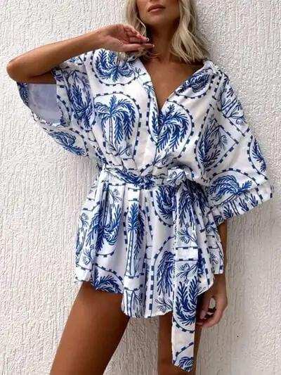 Printed Tie Waist Half Sleeve Romper - Trendsi - Flyclothing LLC